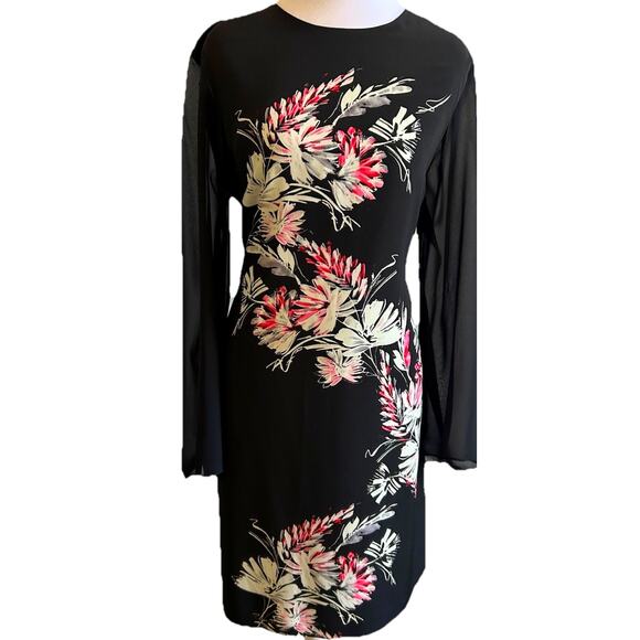 black floral Dress midi Tropical sheer long sleeve MSRP $128 Wedding Guest 8 - Picture 6 of 14